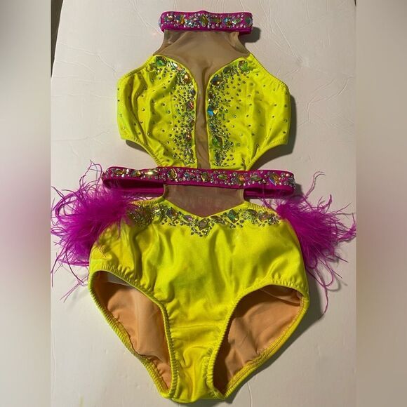 Glamour solo dance costume hot pink neon yellow Feather rhinestone bedazzled LC - Picture 4 of 15